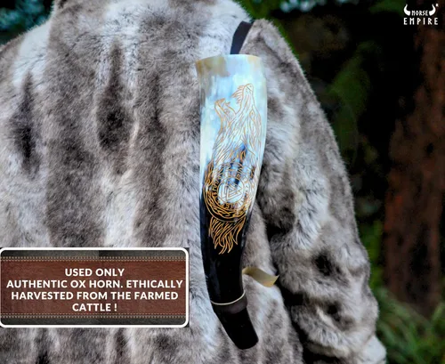 Vista 7 de Juego de cuerno de soplado rústico vikingo con soporte de madera y silbato, decoración de estilo tribal auténtico e instrumento de trompeta