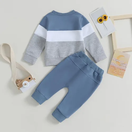 Vista 3 de Ropa para bebé niño pequeño, sudadera con bloques de color, sin botones, pantalones deportivos, 2 piezas, traje de sudadera para otoño e invierno