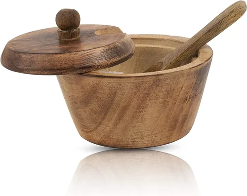 Vista 7 de Azucarero decorativo de madera y cuchara con tapa, boca ancha, tarro de dulces para especias, condimentos, frutos secos, recipiente para servir