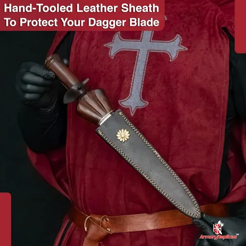 Vista 4 de Armory Replicas Daga de buey medieval forjada a mano Hoja de doble filo de acero de alto carbono 1095 con mango de madera de latón y funda de cuero