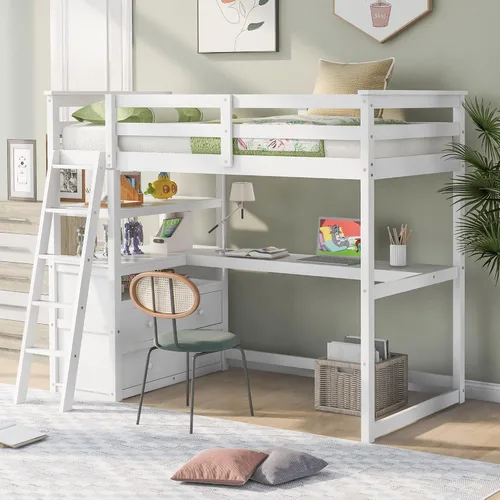 Vista 64 de Cama tipo loft de tamaño individual con estantes y escritorio, marco de cama de madera con escalera inclinada y barandilla de seguridad, adecuada