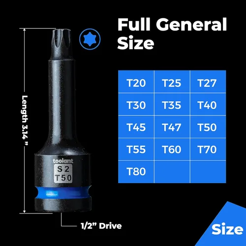 Vista 5 de toolant Juego de enchufes de brocas Torx T20 de impacto 2 piezas, 1/2" de acero S2, enchufes de estrella de accionamiento neumático de alto impacto