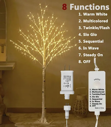 Vista 3 de LITBLOOM - Árbol de abedul iluminado blanco con enchufe, con 8 funciones, 1.5 metros, 255 luces multicolor y blancas cálidas para decoración