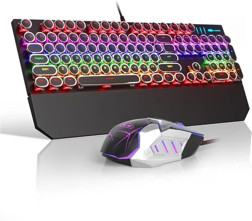 Vista 15 de Combo de teclado y mouse estilo máquina de escribir rosa retro, bonito teclado mecánico con cable iluminado con interruptores rojos lineales