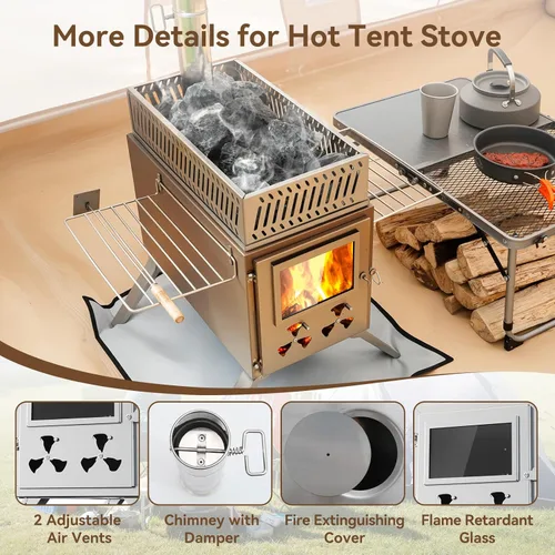 Vista 5 de Estufa para Tienda Caliente de Sauna, Estufa de Leña Rocket para Camping con 8 Tubos de Chimenea de Acero Inoxidable, Estufa de Leña Plegable