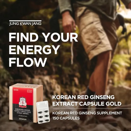 Vista 2 de JUNG KWAN JANG Cápsula de Extracto de Ginseng Rojo Coreano Oro - Suplementos de Energía Veganos - Sin Cafeína y No GMO (600mg, 150 Cápsulas)