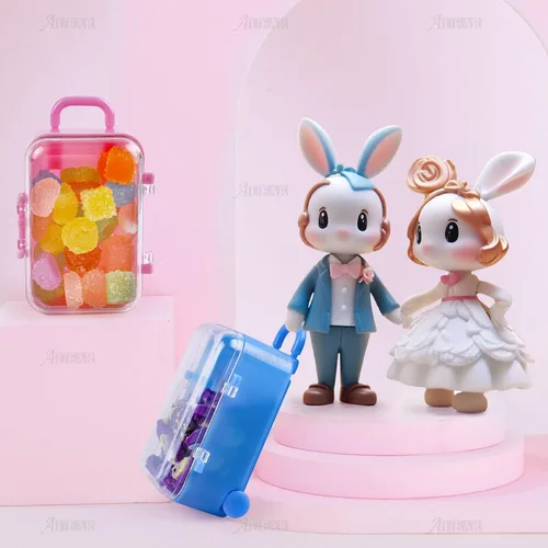 Vista 6 de AUEAR, Paquete de 2 mini maletas de plástico para dulces, caja de viaje para decoración de fiesta de boda (rosa y azul)