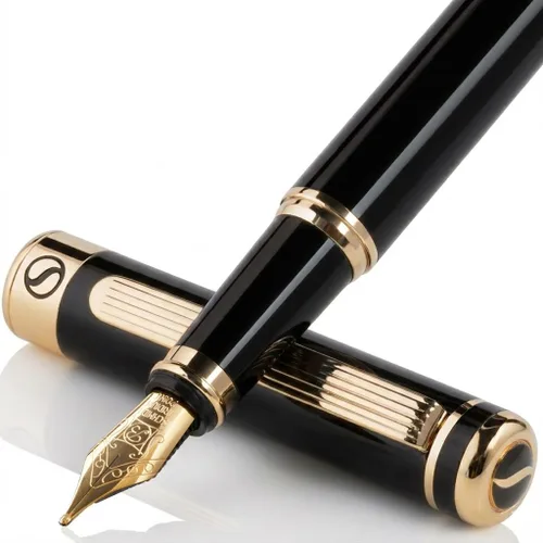 Vista 25 de Scriveiner Pluma Estilográfica de Lujo - Impresionante Pluma de Laca Negra, Acabado de Oro Real, Plumín Dorado Schmidt (Mediano), Convertidor, Mejor