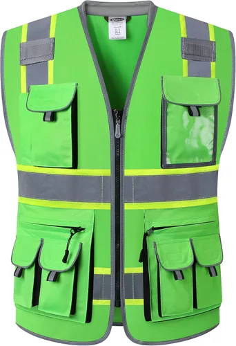 Vista 12 de JKSafety Chaleco de seguridad de color negro con 10 bolsillos, cremallera frontal, con tiras altamente reflectantes, cumple con las normas ANSI/ISEA