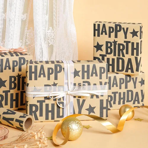 Vista 5 de RUSPEPA Rollo de papel de regalo de cumpleaños, mini rollo, texto de feliz cumpleaños negro en negrita con diseño de estrellas, papel de regalo