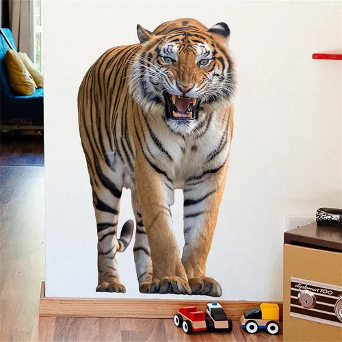 Vista 4 de Calcomanías de pared de tigre feroz, calcomanías de pared realistas de animales salvajes, vinilo extraíble para sala de estar, dormitorio