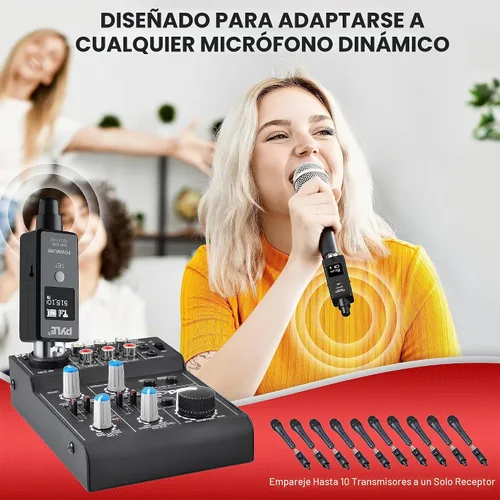 Vista 4 de Pyle Sistema Adaptador Inalámbrico UHF XLR Multifuncional, Transmisor Y Receptor Para Micrófonos Dinámicos Y Fuentes De Música, Transmisión De Señal