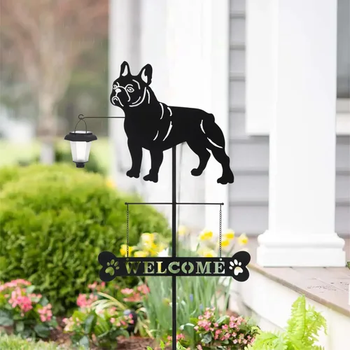 Vista 8 de BAYN - Silueta solar de Bulldog Francés, señal de bienvenida de raza de perro con una linterna, estacas decorativas de jardín al aire libre