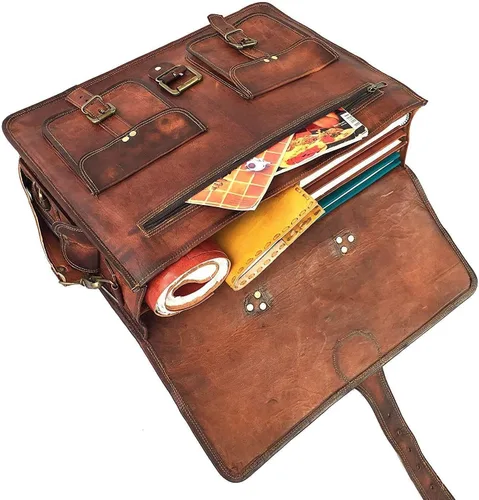 Vista 5 de cuero DHK Bolsa de Mensajero de Cuero Vintage Hecha a Mano de 14 Pulgadas para Laptop Maletín Mejor Portafolio Satchel de Computadora Bolsa