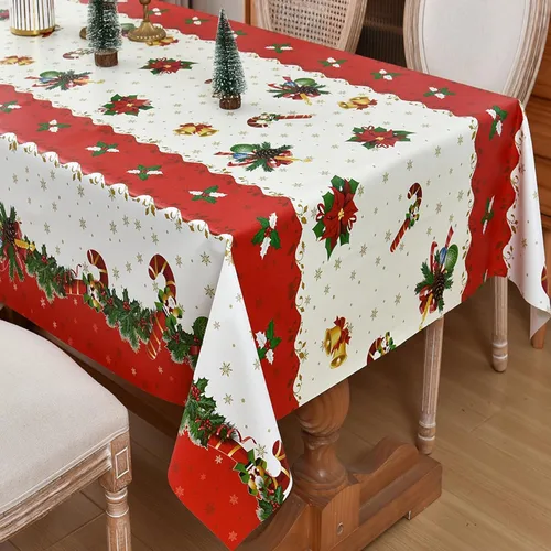 Vista 9 de Mantel de Navidad de vinilo resistente rojo de 54x54 pulgadas, mantel rectangular de Navidad, mantel de PVC reutilizable, impermeable, plegable