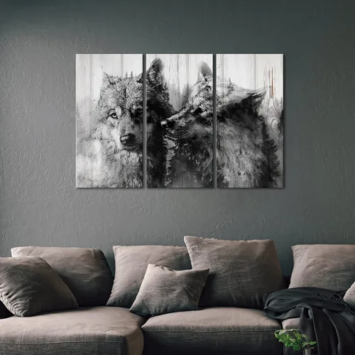Vista 2 de OuElegent Lienzo decorativo para pared, diseño de lobo en blanco y negro, rústico, vida silvestre, impresiones de lobos blancos, 3 paneles para sala