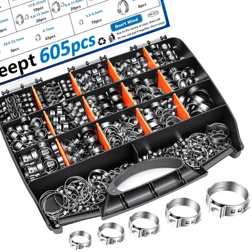 Vista 14 de Kit surtido de 170 piezas de abrazaderas de manguera de una oreja de acero inoxidable 304 de 13 tamaños, abrazaderas de manguera de crimpar de 5.3