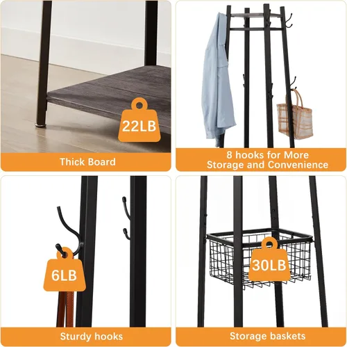 Vista 3 de VECELO Perchero independiente, árbol de pasillo con cesta de metal y estantes de almacenamiento, perchero industrial con 8 ganchos para colgar