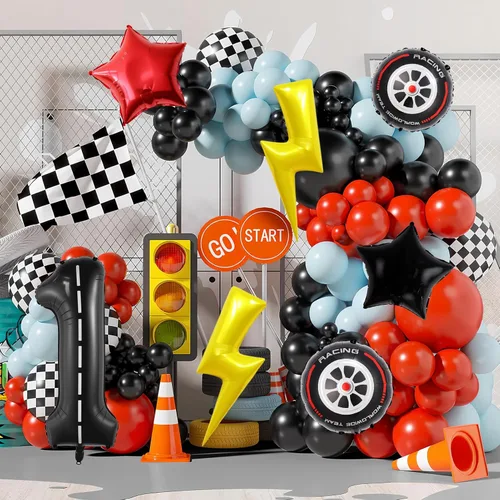 Vista 4 de 9 globos de auto de carreras de 40 pulgadas, globos de circuito número 1, globos grandes de aluminio para el primer cumpleaños, decoración de fiesta