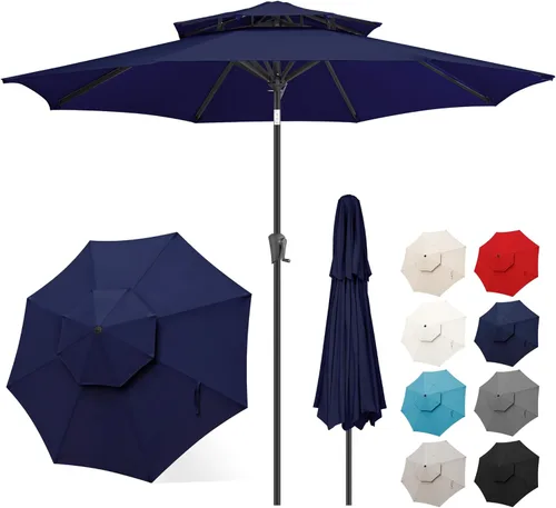 Vista 9 de FLAME&SHADE - Paraguas de 9 pies para patio - Paraguas de exterior de 2 niveles con botón de inclinación y manivela para protección UV, paraguas