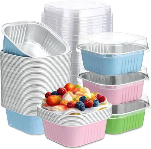 Vista 10 de Aoriher 150 moldes cuadrados de 10 onzas para pasteles con tapas, tazas de brownie de aluminio para hornear, moldes desechables para cupcakes