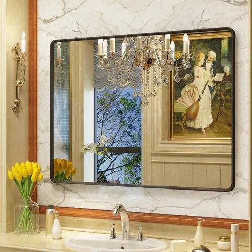 Vista 59 de OKPAL Espejo de Baño con Marco de Metal Negro de 40 x 36 Pulgadas para Pared, Espejo de Tocador de Baño Negro Mate, Espejo Rectangular Redondeado