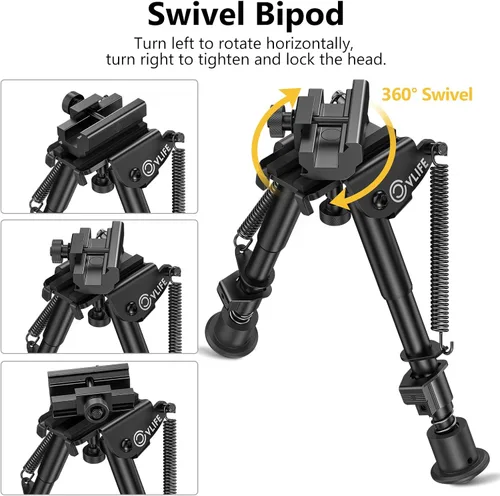 Vista 2 de Bípode para rifle tactico CVLIFE de 6 a 9 pulgadas, Retorno de resorte con adaptador giratorio de 360º.