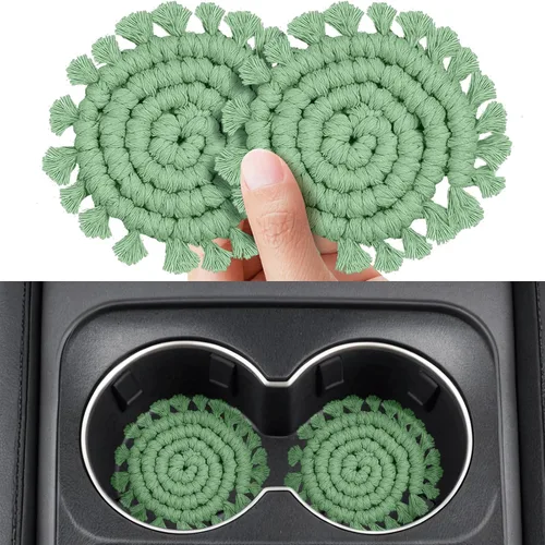 Vista 8 de Portavasos para automóvil, paquete de 2, posavasos de algodón para portavasos de automóvil, soporte de macramé bohemio, accesorios para interiores