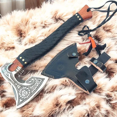 Vista 5 de Hacha vikinga Poshland AX-7001 personalizada de regalo forjada en acero al carbono con mango de madera de rosa, hacha de doble filo