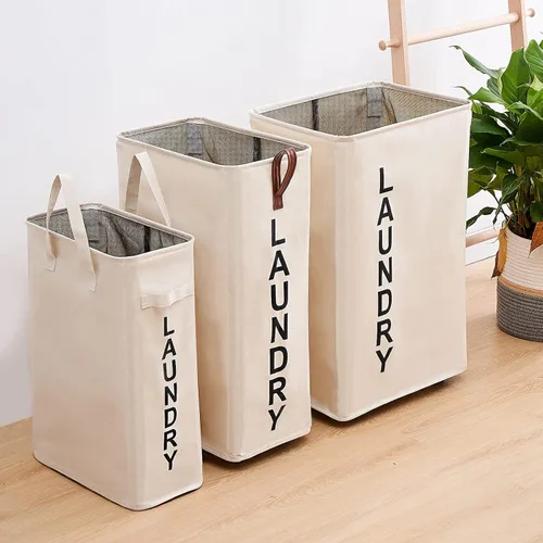 Vista 5 de Cesta de Ropa Sucia Rodante Grande de 70L - Cesta Alta y Estrecha con Ruedas, Contenedor Delgado para Ropa, 27.5" Beige