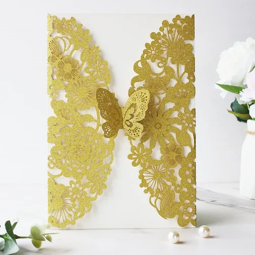 Vista 37 de Hosmsua 20 tarjetas de invitación de boda de champán con sobres de 5.12 x 7.3 pulgadas, cortadas con láser, mariposa, encaje, invitación para boda