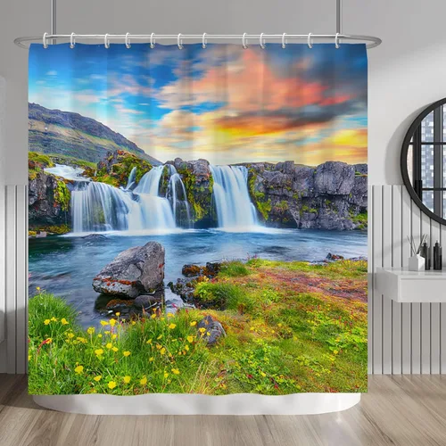 Vista 173 de Baocicco Cortina de ducha de mármol azul abstracto a rayas, decorativa, textura de lujo, línea moderna, decoración de acuarela, juego de cortinas