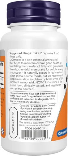 Vista 3 de NOW L-carnitina 250 mg, 60 cápsulas (paquete de 2)