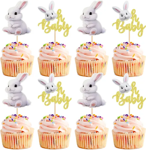 Vista 22 de Ercadio 24 piezas coloridas de doble cara para conejos de Pascua para cupcakes de conejito de Pascua, decoración de pasteles, conejo, baby shower