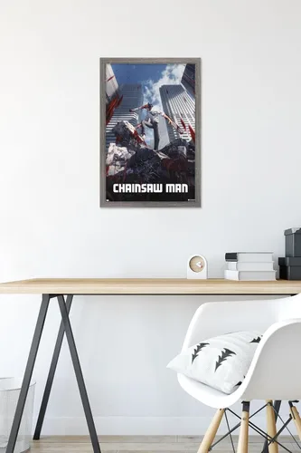 Vista 6 de Chainsaw Man - Póster de pared de arte clave, 22.4 pulgadas de largo x 14.7 pulgadas de ancho, versión enmarcada de madera de granero Versión