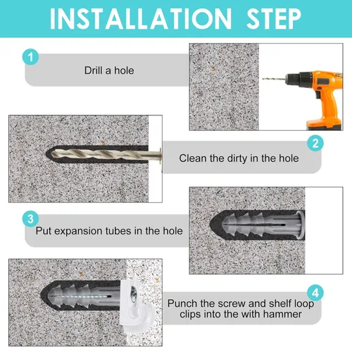 Vista 4 de Oudain Paquete de 16 clips de pared para armario, estantes de bucle, tornillos de pared de alambre de plástico, tornillos y tubos de expansión