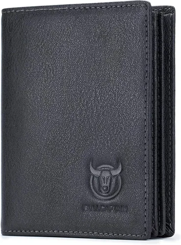 BULLCAPTAIN Cuero Genuino Hombres Carteras RFID Bloqueo Gran Capacidad Bolsillo Frontal Billetera Bifold Con Identificación Ventana QB-028 Negro