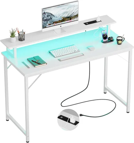 Vista 8 de Escritorio para computadora de 47 pulgadas con tomas de corriente, escritorio de juegos con luces LED, escritorio de trabajo de oficina en casa