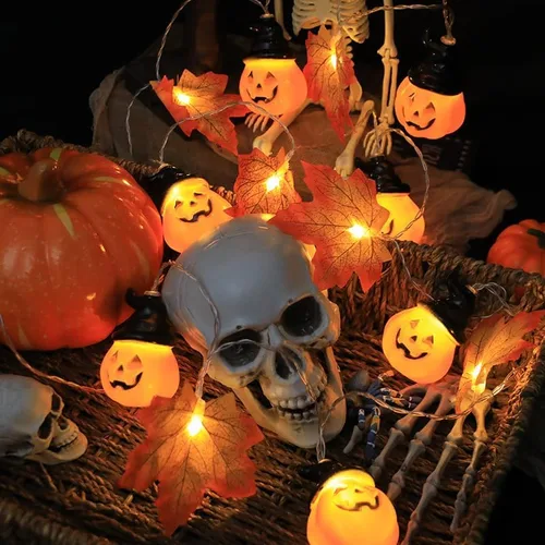 Vista 6 de Simulación LED de hoja de arce, cadena de luces de calabaza para Navidad, Halloween, habitación, patio, cadena de luz de color 24V enchufable 300