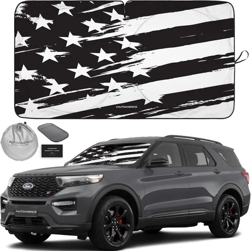 Vista 93 de Autoamerics Parasol para parabrisas de 1 pieza, diseño de camuflaje marrón con bandera estadounidense de Estados Unidos, parasol plegable