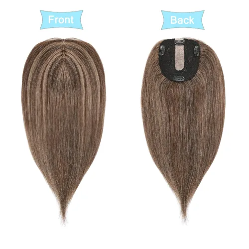 Vista 2 de SEGO Toppers para el cabello para mujer, cabello humano real con flequillo, densidad del 130%, base de seda, 100% cabello humano Remy, clip