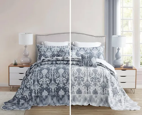 Vista 10 de Edredón extragrande para cama King, diseño de patrón damasco matelasse de jacquard, ligero, reversible, 5 piezas, 100% microfibra, pasta de frijol