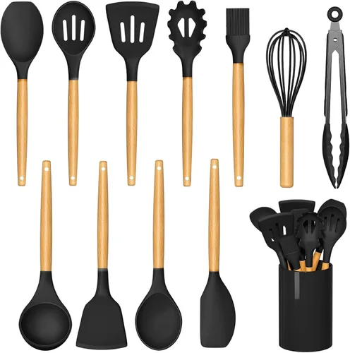 Vista 9 de Juego de utensilios de cocina de silicona, espátula de goma negra de 33 piezas para el hogar, electrodomésticos de decoración de chef, silicona