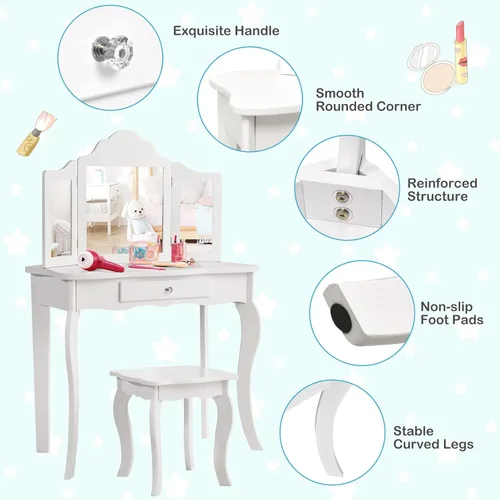 Vista 4 de MAT EXPERT Tocador de princesa 2 en 1 para niños con espejo de tres pliegues, taburete y cajón, parte superior desmontable, tocador de maquillaje