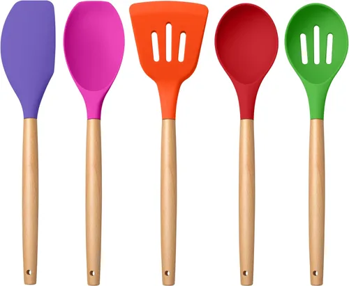 Vista 10 de E-far - Juego de utensilios de cocina de silicona, 5 piezas, juego de utensilios de cocina negros con mango de madera para cocinar, espátulas
