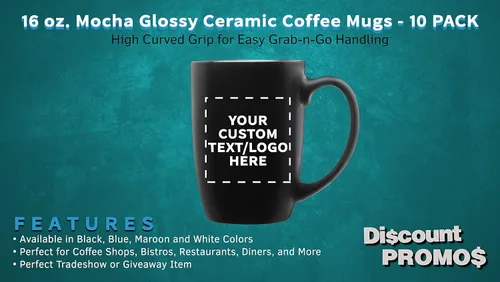 Vista 2 de DISCOUNT PROMOS Juego de 10 tazas de café grandes de cerámica moca brillante, 16 onzas, texto personalizable, logotipo, gres, suave, duradero, mango