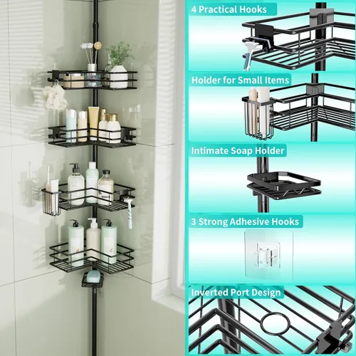 Vista 2 de HapiRm Corner Shower Caddy Organizer - Shower Organizer Corner with Soap Holder, Toothbrush Holder and 4 Hooks, Rustproof Bathroom Shelf Tension