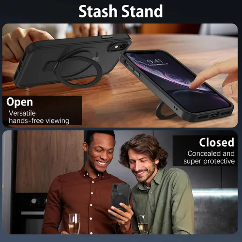 Vista 6 de DUEDUE Funda magnética para iPhone XR con soporte de anillo [compatible con Magsafe], funda protectora de cuerpo completo, delgada, a prueba de Negro