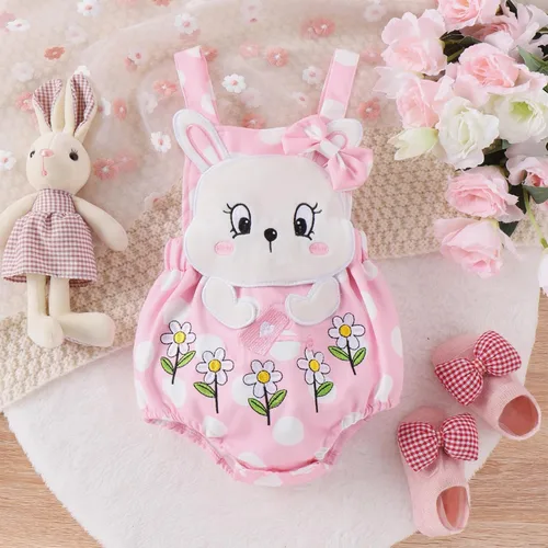 Vista 2 de Twopumpkin Traje de Pascua para recién nacido, con diseño de conejito de Pascua, mameluco sin mangas, overol para bebé