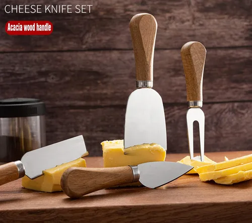 Vista 3 de AARAINBOW Juego de 4 cuchillos de queso de regalo, accesorios de charcutería, cuchillo de queso de acero inoxidable con mango de madera, cuchillo